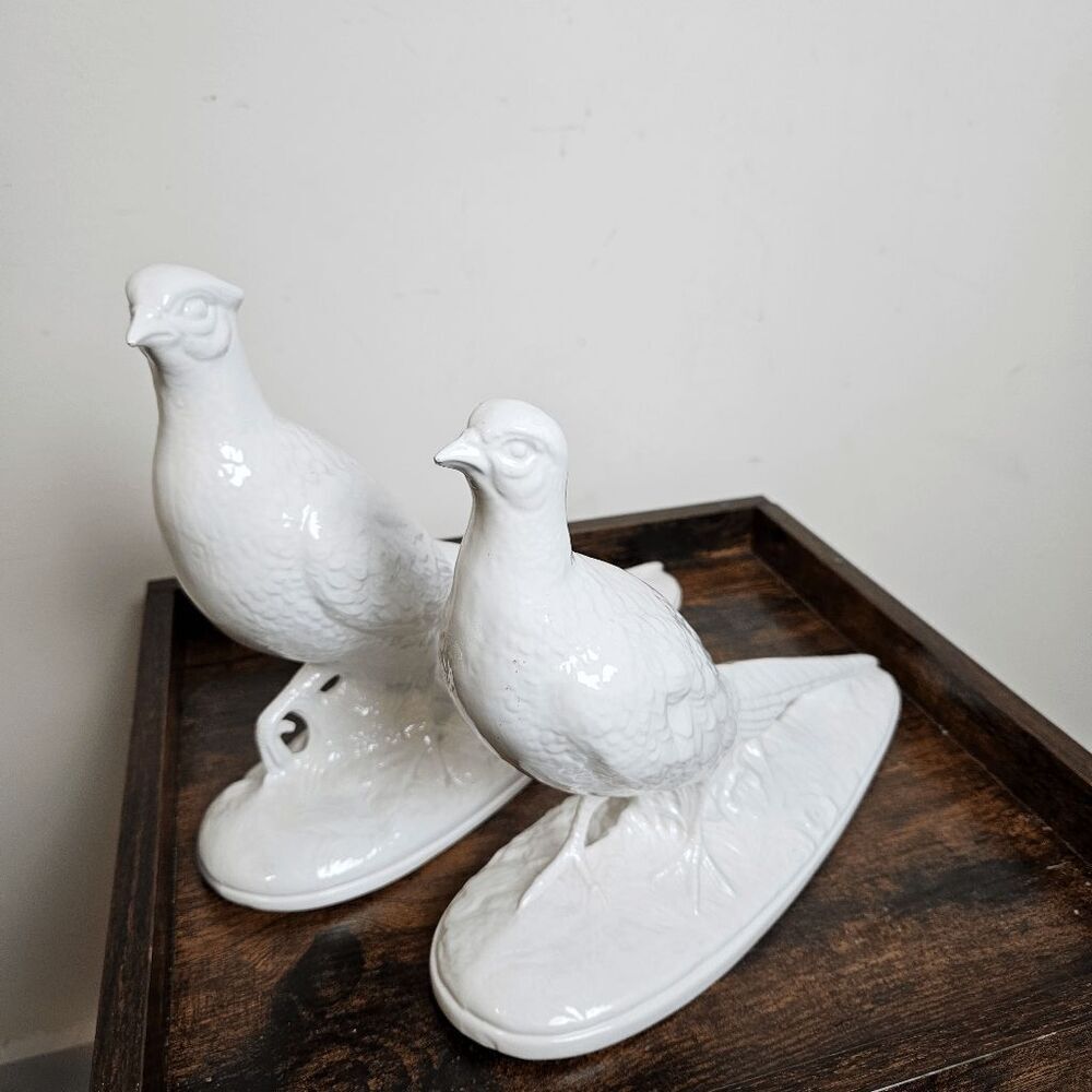 Vintage Pair of Porcelain Ceramic Pheasant Bird Figurine Decor White